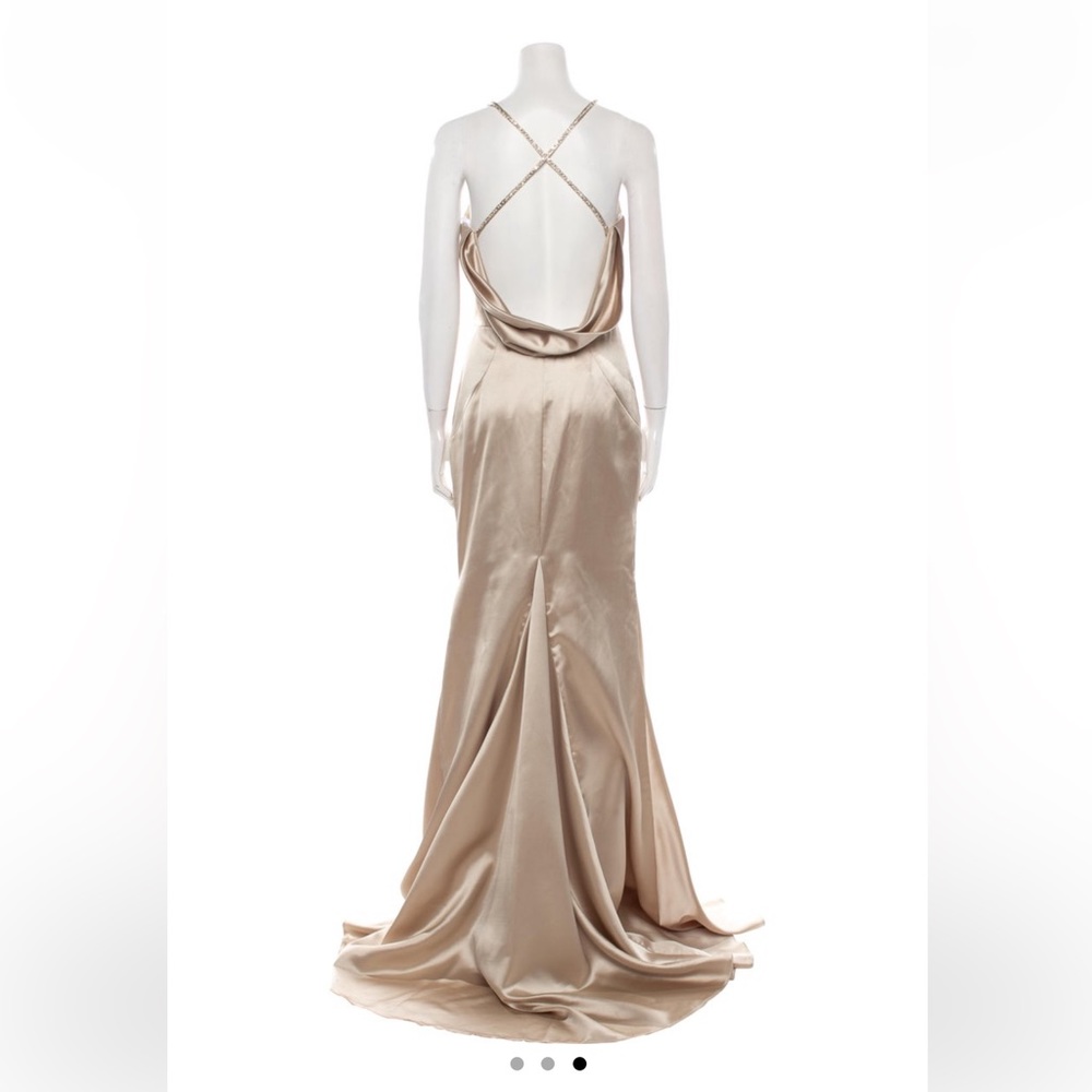 Terani Couture V-Neck Gown Dress Satin Sexy Back Straps beige Campagne Prom Tail